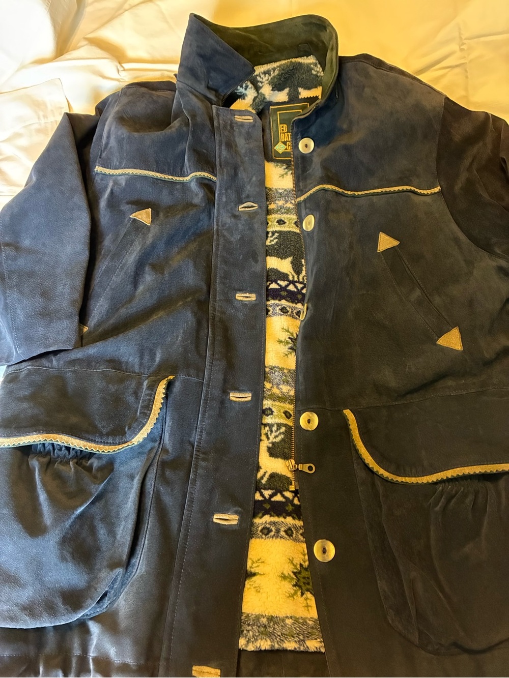 Vintage-Inspired Navy Suede Coat with Patterned Sherpa Lining